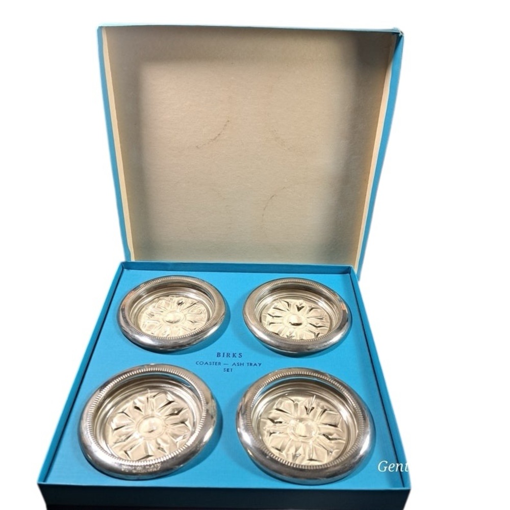 Birks Vintage Coasters Set of 4 in Original Box Glass & Silver Plate / Ashtrays